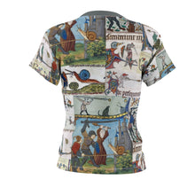 Load image into Gallery viewer, Medieval Knights Fighting Snails Women&#39;s AOP Tee