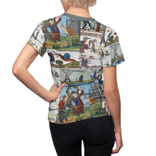 Load image into Gallery viewer, Medieval Knights Fighting Snails Women&#39;s AOP Tee